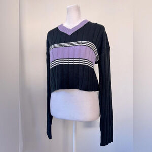 Sweet Rain Black & Lavender Striped Cropped V-Neck Pullover Sweater